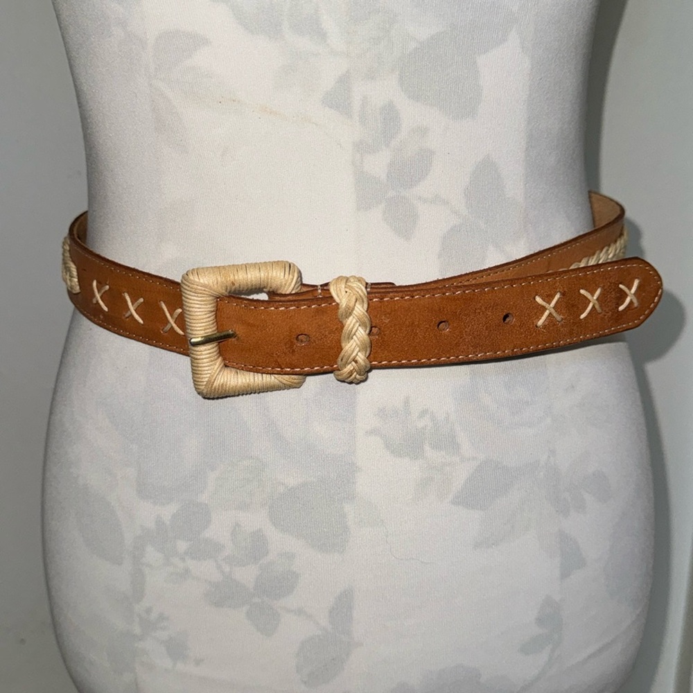 Minor Brown Genuine Leather Belt with Woven Tan String